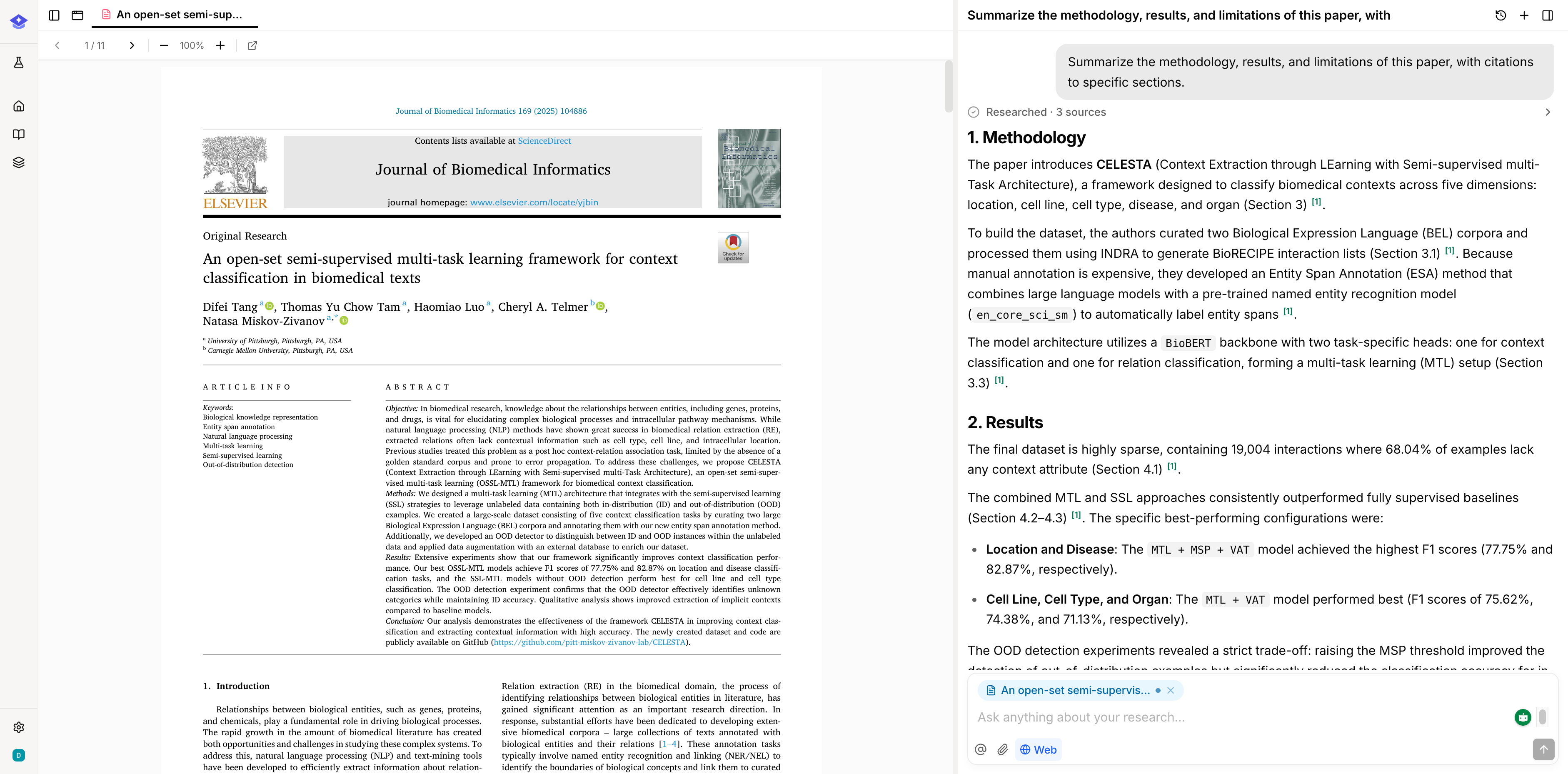 EvidX reading view with the PDF on the left and AI chat with citations on the right