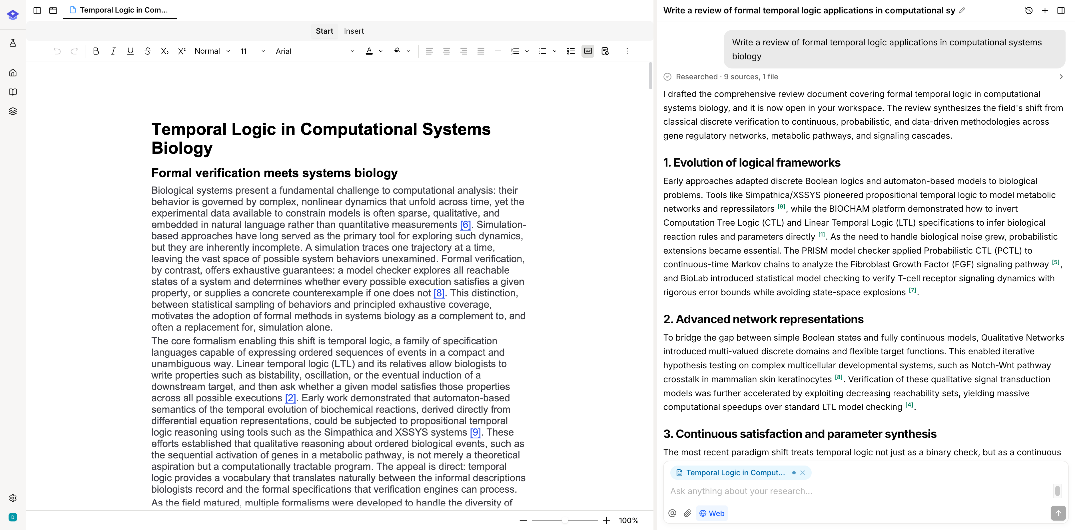 EvidX doc editor with an AI-drafted summary and inline citations